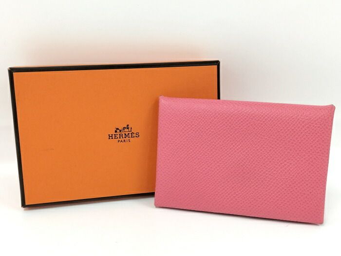Hermes Calvi Card Case Leather Pink Stamped A