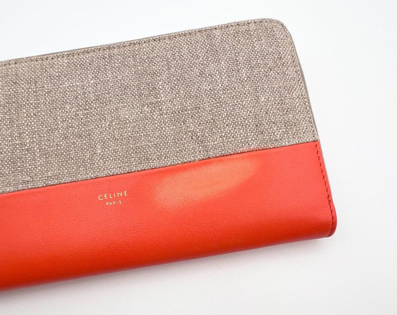 Celine Long Wallet Round Zipper Orange Beige Leather Hemp 09bs057
