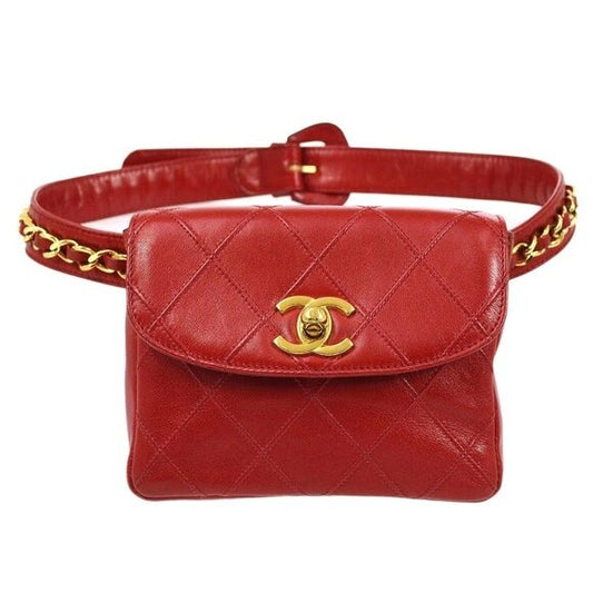 CHANEL 24K Vintage Waist Bag Fanny Pack CC Lambskin Waist Bag Pouch Bum Bag Red