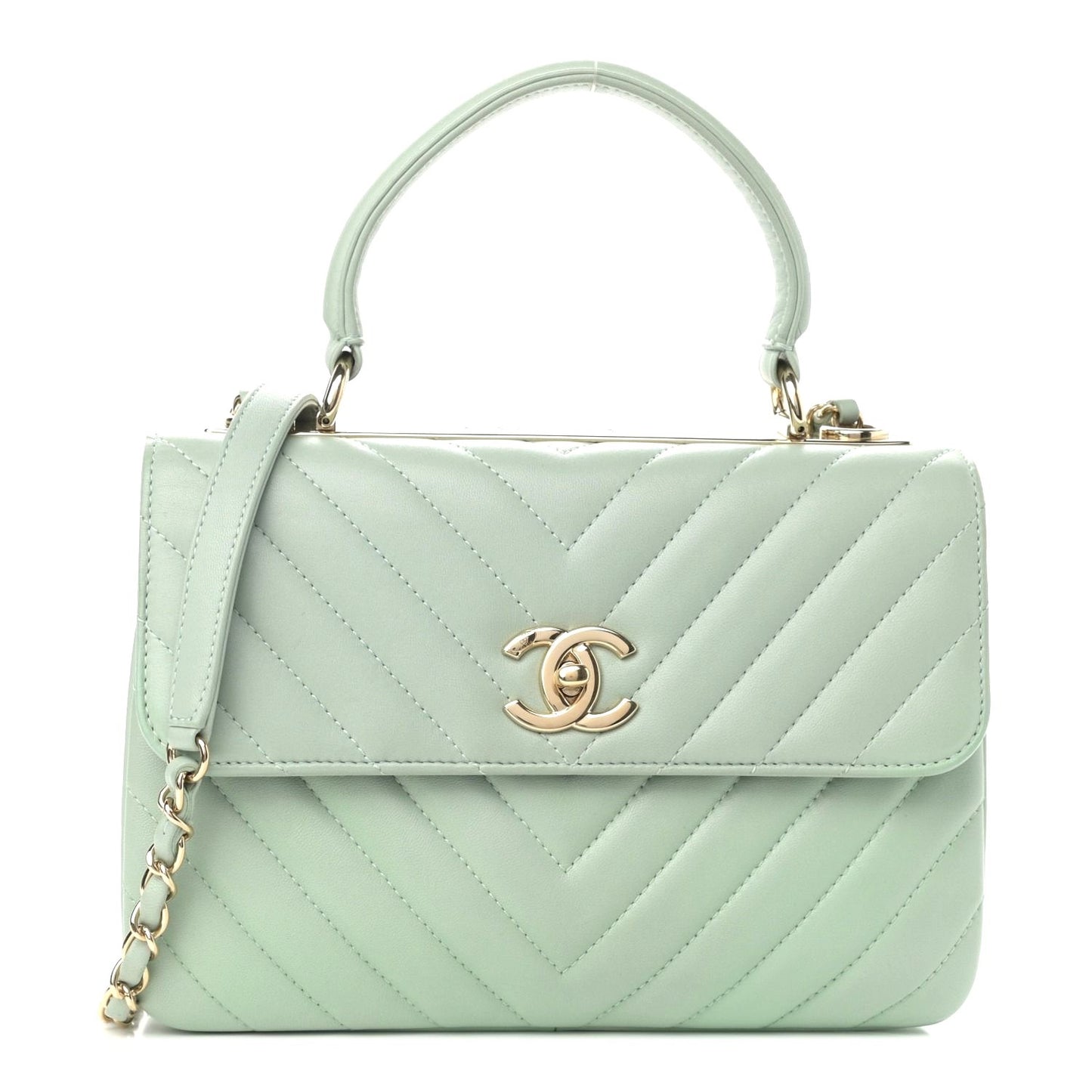 CHANEL Trendy Chevron Lambskin Quilted Dual Handle Flap Bag Mint Tote