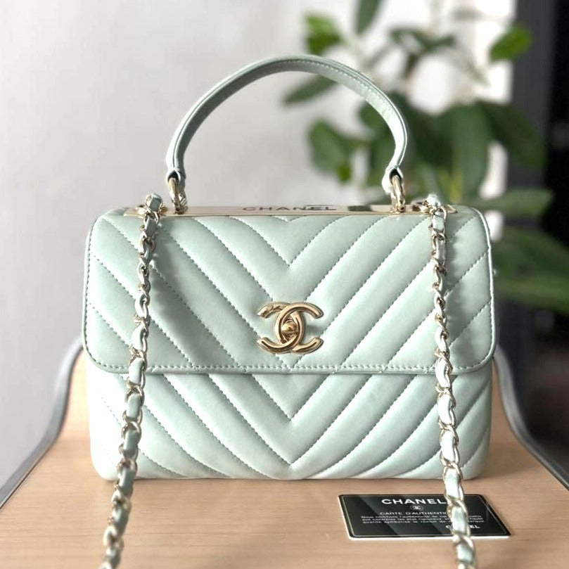 CHANEL Trendy Chevron Lambskin Quilted Dual Handle Flap Bag Mint Tote