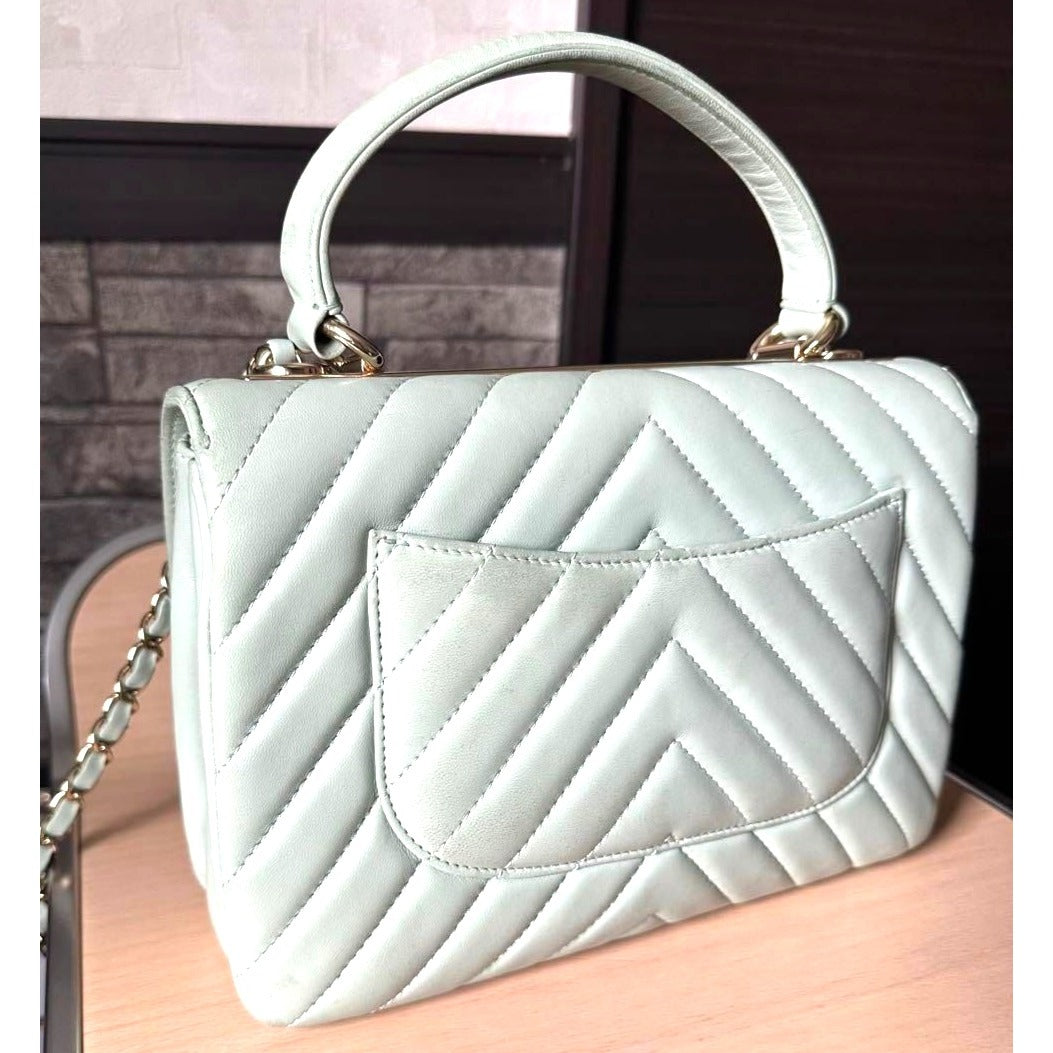CHANEL Trendy Chevron Lambskin Quilted Dual Handle Flap Bag Mint Tote