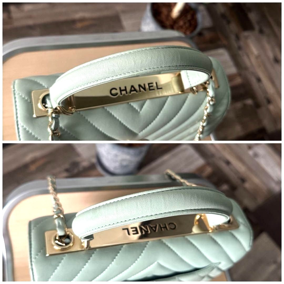 CHANEL Trendy Chevron Lambskin Quilted Dual Handle Flap Bag Mint Tote