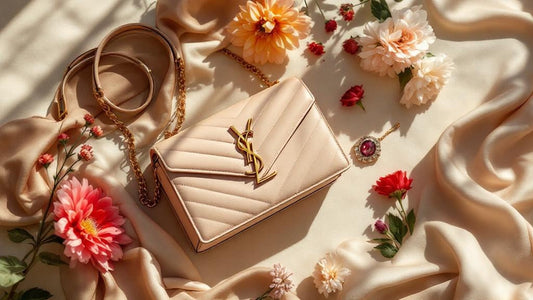 Elegant flatlay composition featuring Saint Laurent Sac de Jour alongside luxury accessories, silk scarf, vintage jewelry, fresh flowers on cream linen background, soft natural light from window, lifestyle editorial