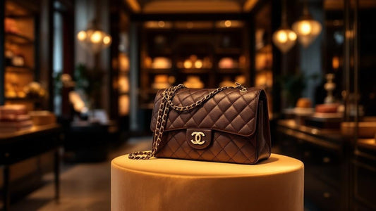Inside an elegant Chanel boutique, 2.55 bag displayed on velvet pedestal, warm ambient lighting, luxurious interior design, aspirational retail photography