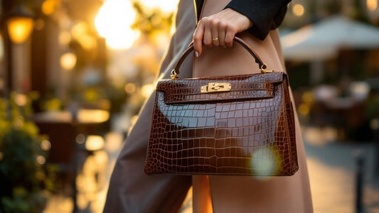 Elegant woman's manicured hand holding a Hermès Constance bag in Etoupe exotic crocodile, outdoor Parisian café terrace, golden hour sunlight, shallow depth of field, editorial fashion photography for Vogue magazine
