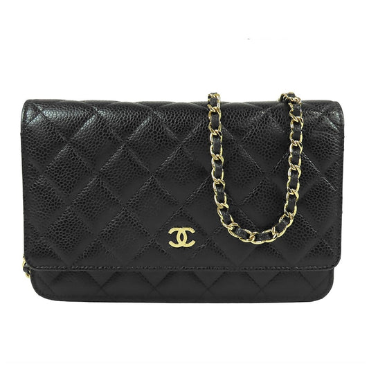 Chanel Chain Wallet Black Gold Caviar Leather Quilted Pochette Shoulder Bag