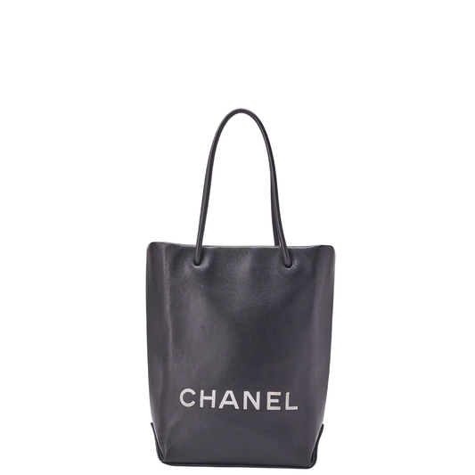 Chanel Mini Tote Bag Essential Logo Mark Lambskin Black Silver Hardware Charm