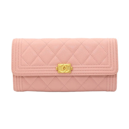 Chanel Quilted Bifold Wallet Caviar Leather Pink Gold
