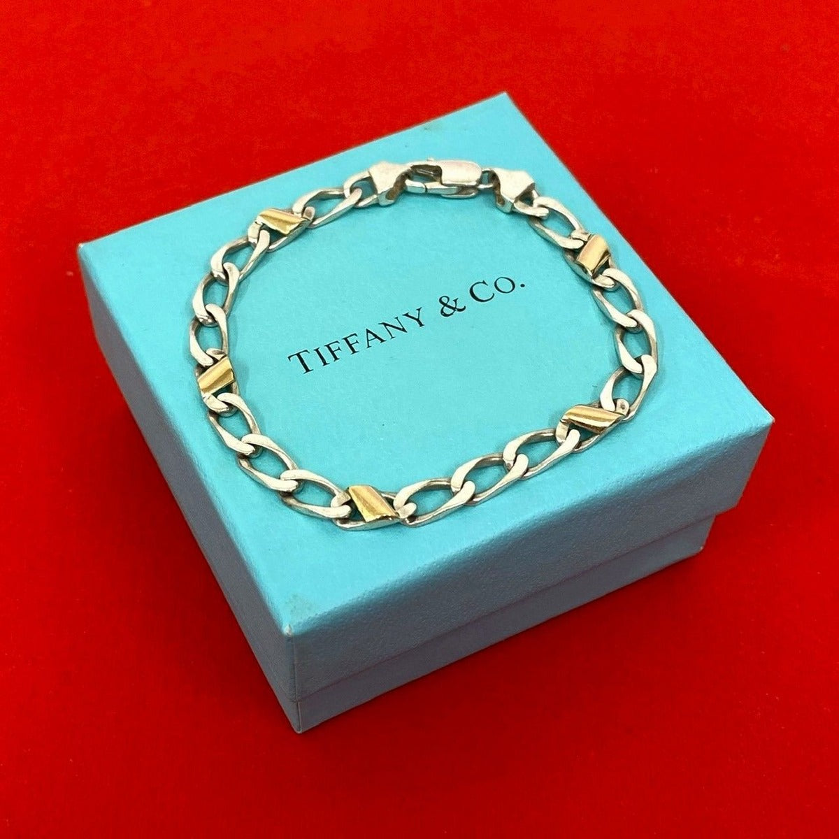 Tiffany & Co Figaro Chain Bracelet 18K Yellow Gold Silver