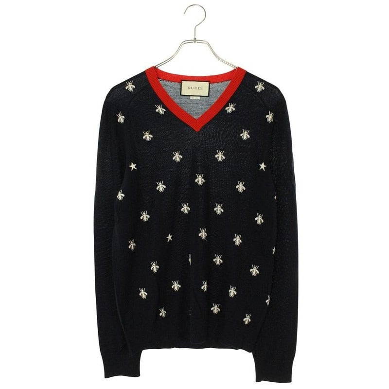 Gucci Bi Embroidered V-neck Knit Sweater Navy- Red
