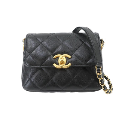 Chanel Quilted Mini Flap Chain Shoulder Bag Caviar Leather Black Gold