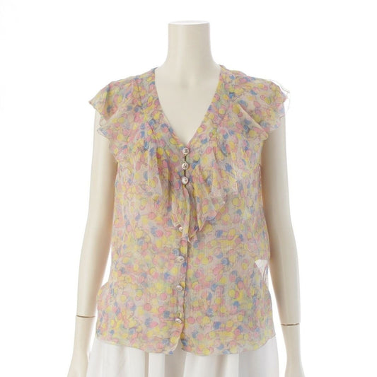 Chanel Silk CC Logo Dot Pattern All Over Ruffle Sleeveless Shirt Blouse Top