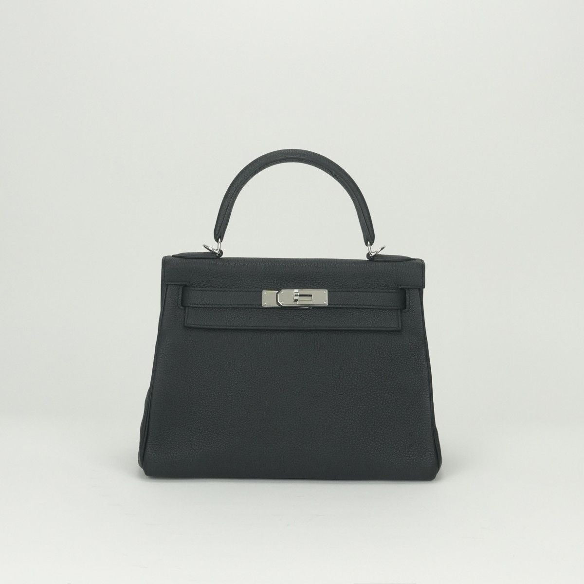 Hermes Kelly 28 Tote Shoulder Bag Togo Noir Black Silver V-shaped 2-Way