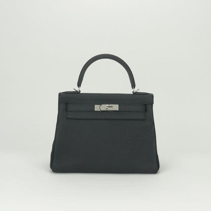 Hermes Kelly 28 Tote Shoulder Bag Togo Noir Black Silver V-shaped 2-Way