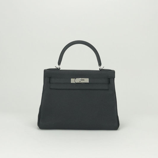 Hermes Kelly 28 Tote Shoulder Bag Togo Noir Black Silver V-shaped 2-Way