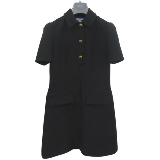 Prada Ffit Tricotine Mini Dress Side Zipper Wool Silk Recycled Cupro Black Gold