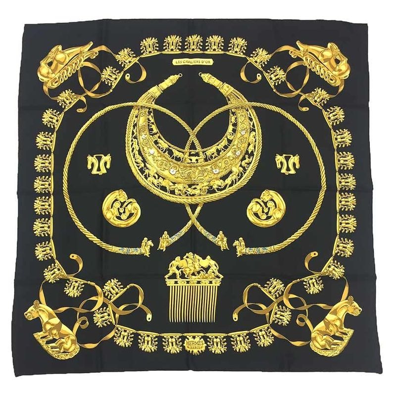Hermes Scarf Carre 90 LES Cavaliers D'OR Golden Knight Black New