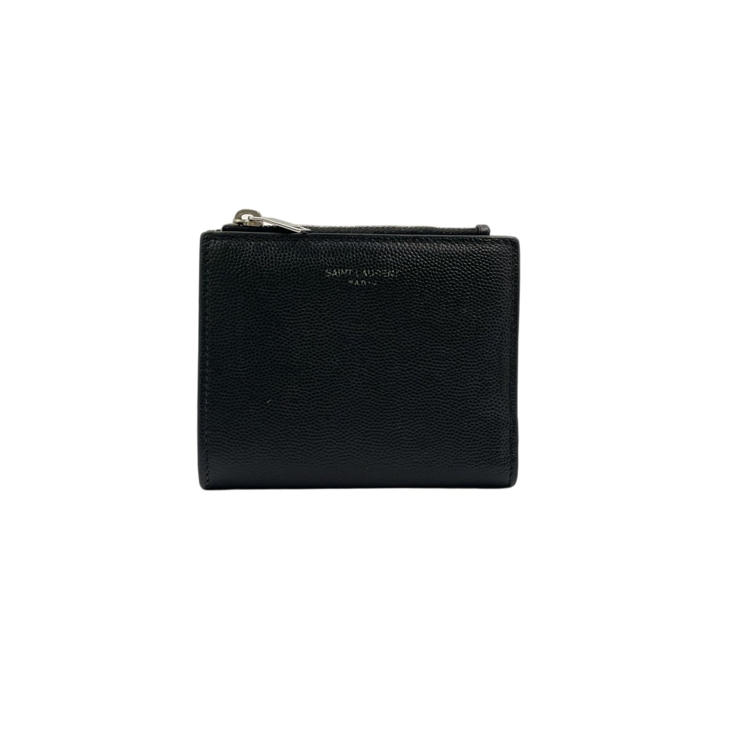 Saint Laurent Paris Zippered Bifold Mini Leather Black Wallet Silver