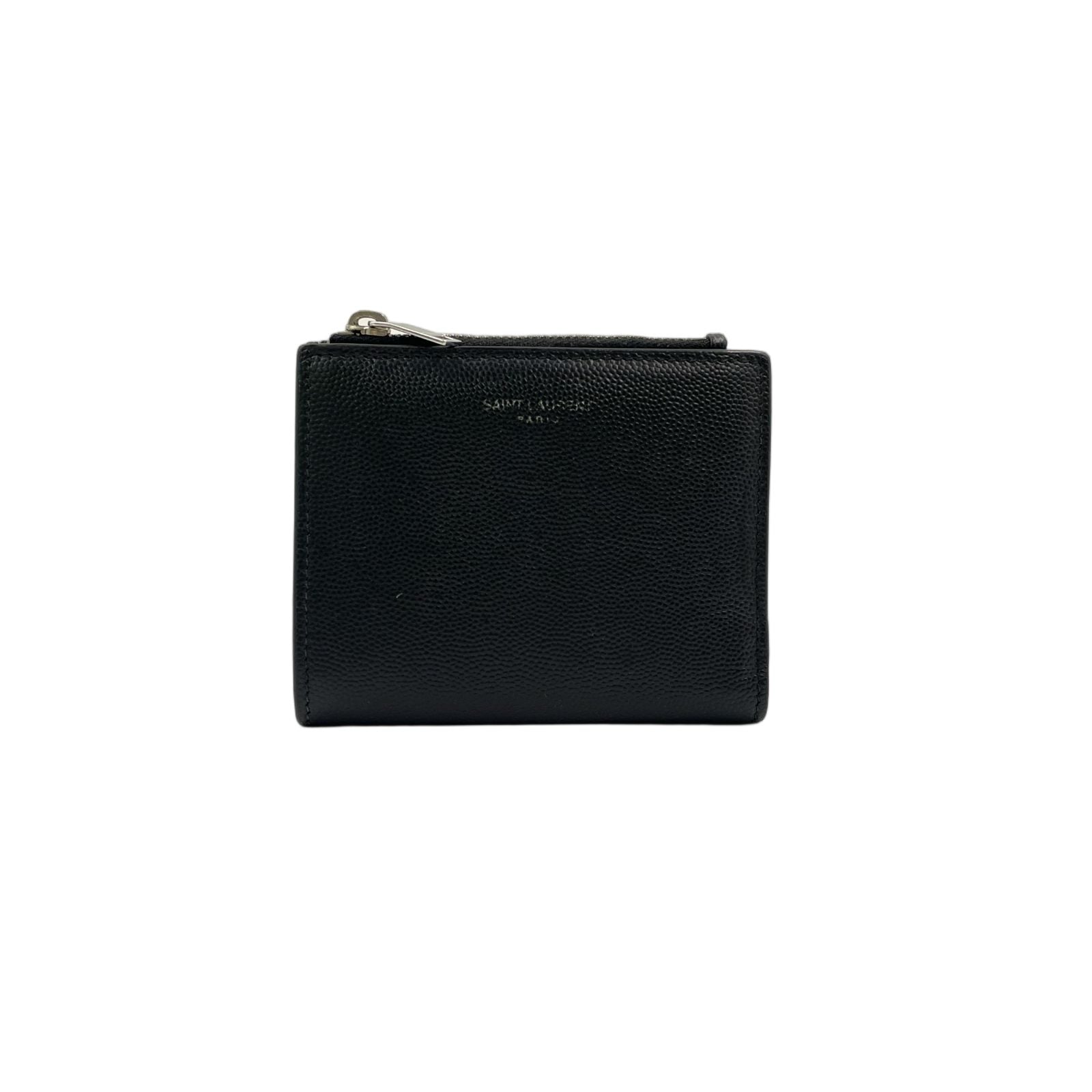 Saint Laurent Paris Zippered Bifold Mini Leather Black Wallet Silver