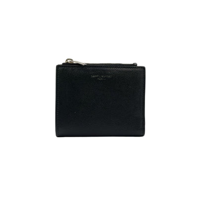 Saint Laurent Paris Zippered Bifold Mini Leather Black Wallet Silver
