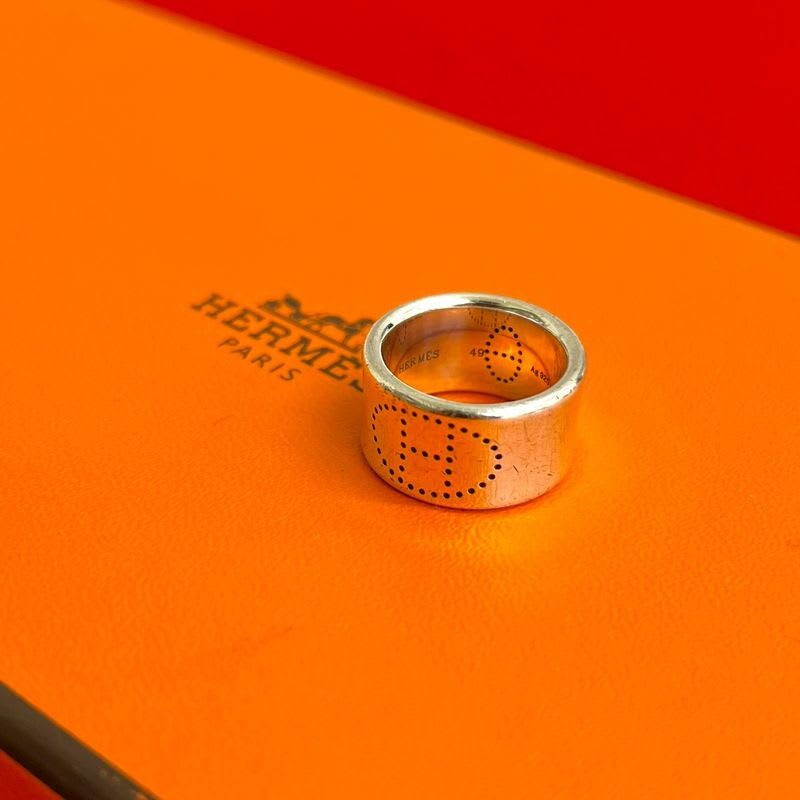 Hermes Ribbon Logo Punching Silver 925 Ring No 9 Women's Accessories 09964