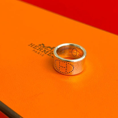 Hermes Ribbon Logo Punching Silver 925 Ring No 9 Women's Accessories 09964