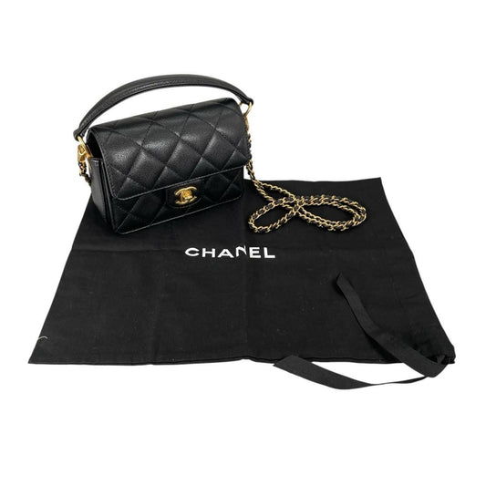 Chanel Caviar Leather Flap Bag Quilted Handle Mini Handbag Black