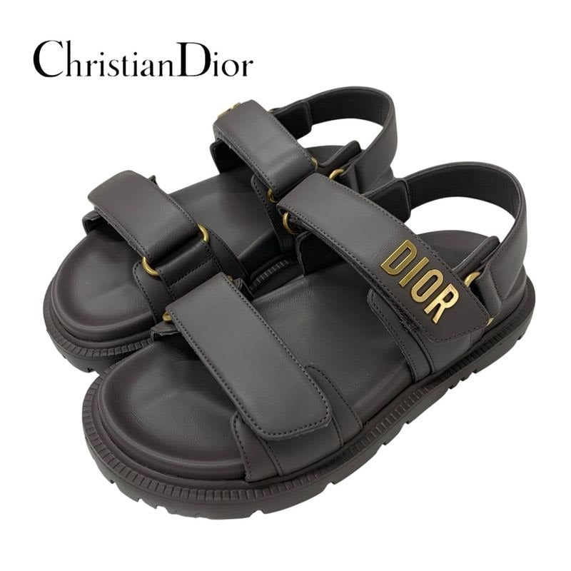 Christian Dioract Sandals Shoes Leather Gray Gold Logo Sports
