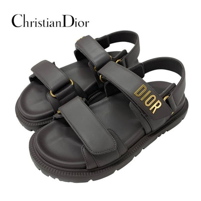 Christian Dioract Sandals Shoes Leather Gray Gold Logo Sports