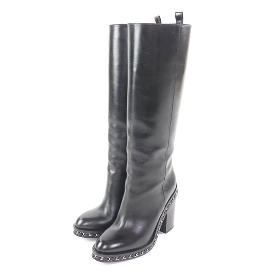 Chanel CC Logo Chain Decoration Chunky Heel Leather Long Boots Black