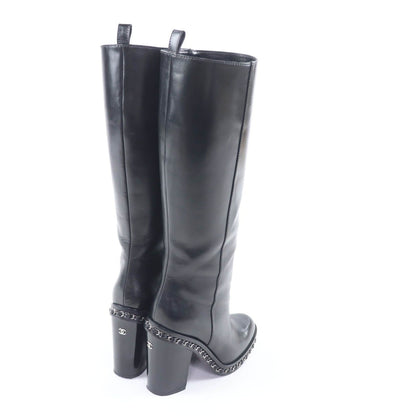 Chanel CC Logo Chain Decoration Chunky Heel Leather Long Boots Black — view 3