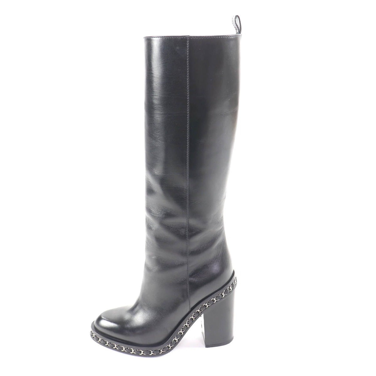 Chanel CC Logo Chain Decoration Chunky Heel Leather Long Boots Black — view 5