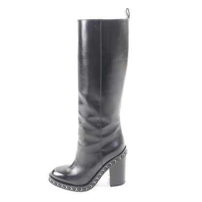 Chanel CC Logo Chain Decoration Chunky Heel Leather Long Boots Black — view 5