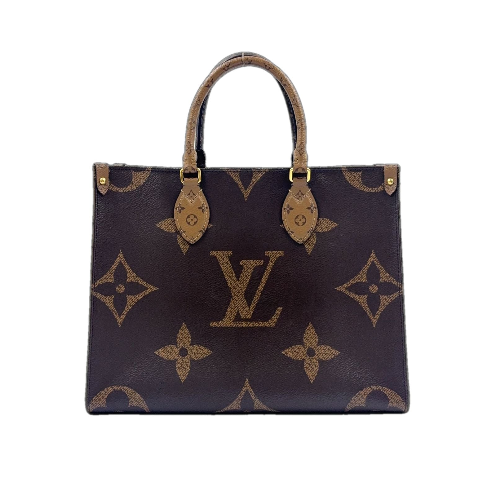 Louis Vuitton On The Go MM Monogram Giant Reverse Leather Brown Beige Tote Gold