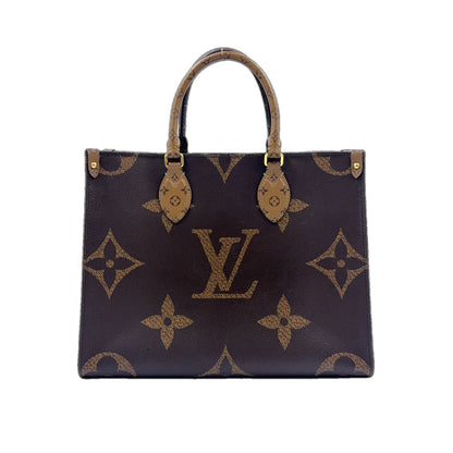 Louis Vuitton On The Go MM Monogram Giant Reverse Leather Brown Beige Tote Gold