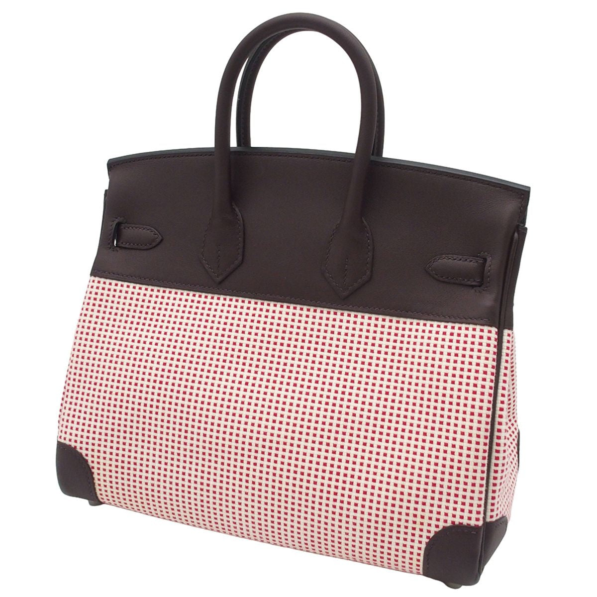 Hermes Birkin 25 Ecru Rouge Sellier Framboise Silver Toile Quadrille Swift — view 2