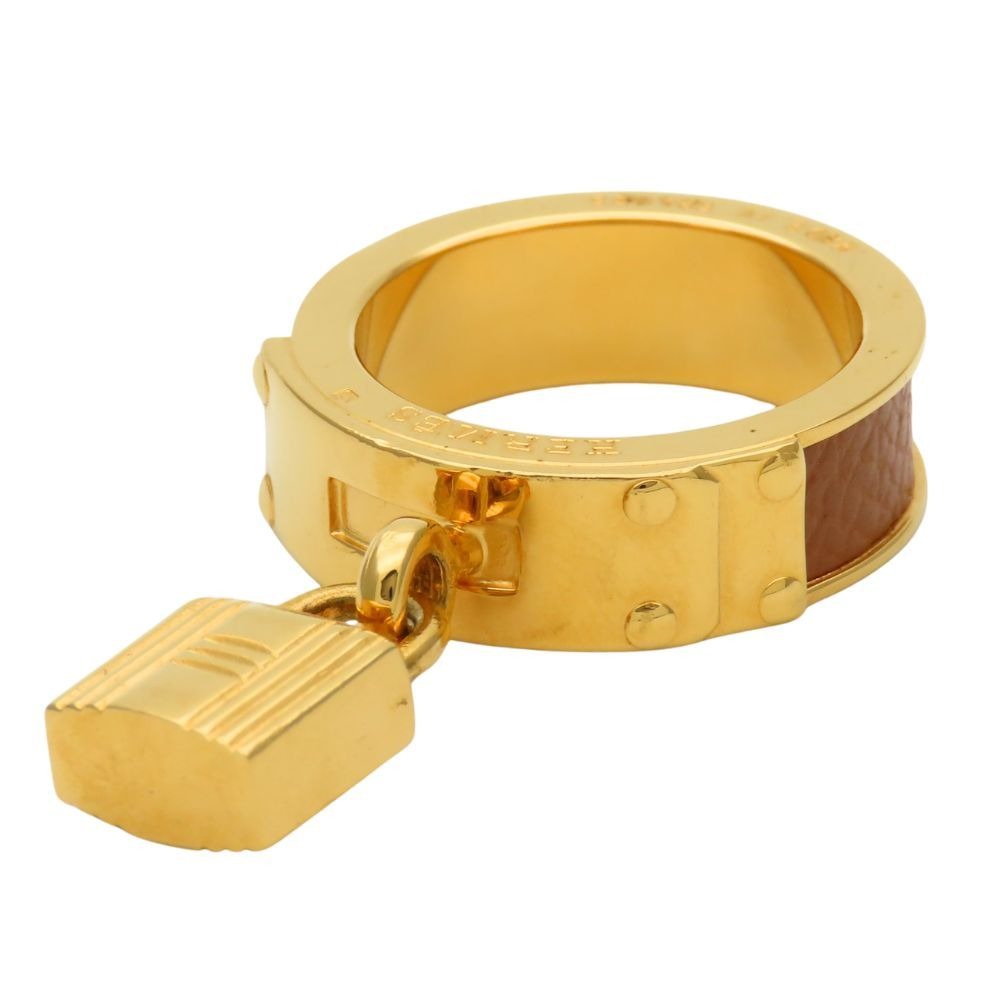 Hermes Scarf Ring Kelly Cadena Motif Metal Leather Gold Brown Plated