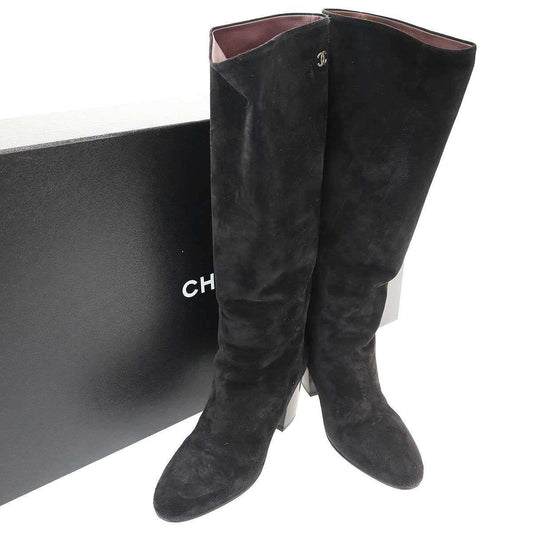 Chanel CC Logo Suede Leather Long Boots Black 37