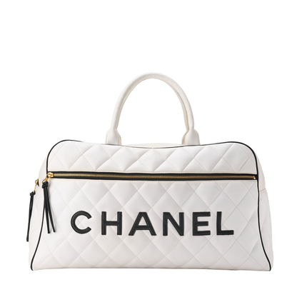 Chanel Handbag Boston Bag Calfskin Matelasse Sport Line Logo White And Black