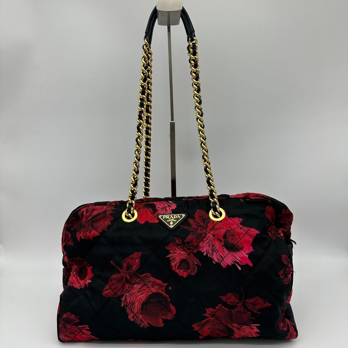 Prada Quilted Chain Shoulder Bag Rose Pattern Black