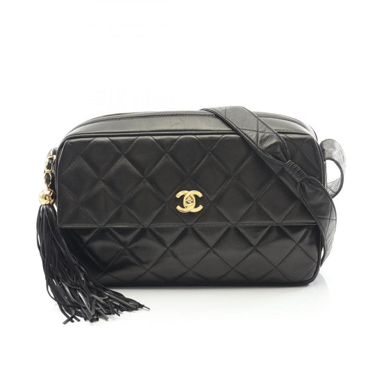Chanel Shoulder Bag Quilted Black Lambskin Fringe