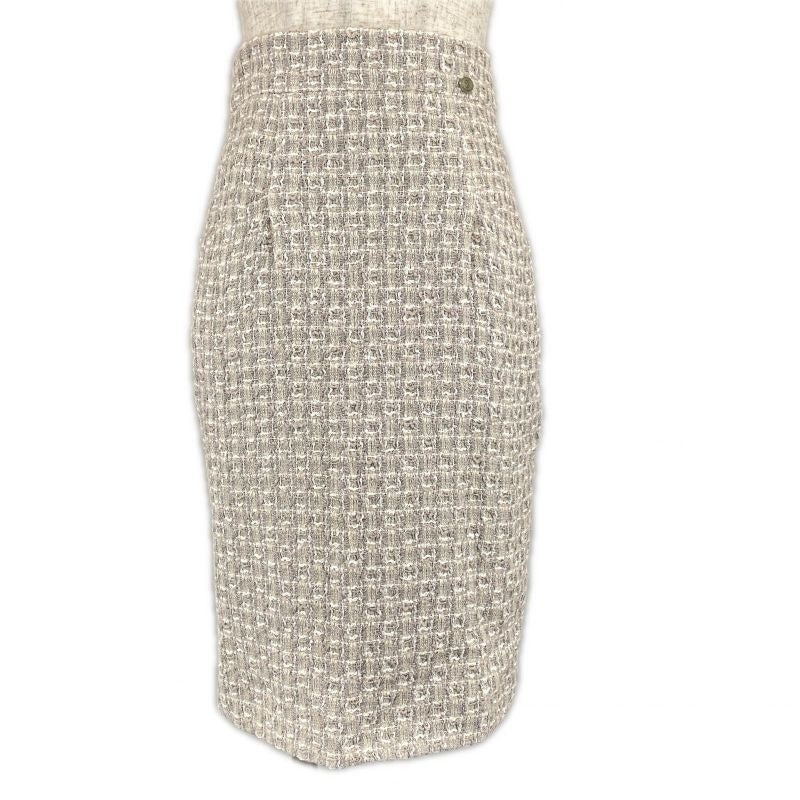 Chanel Coco Mark Part Knee Length Tweed Skirt Tight Beige 36