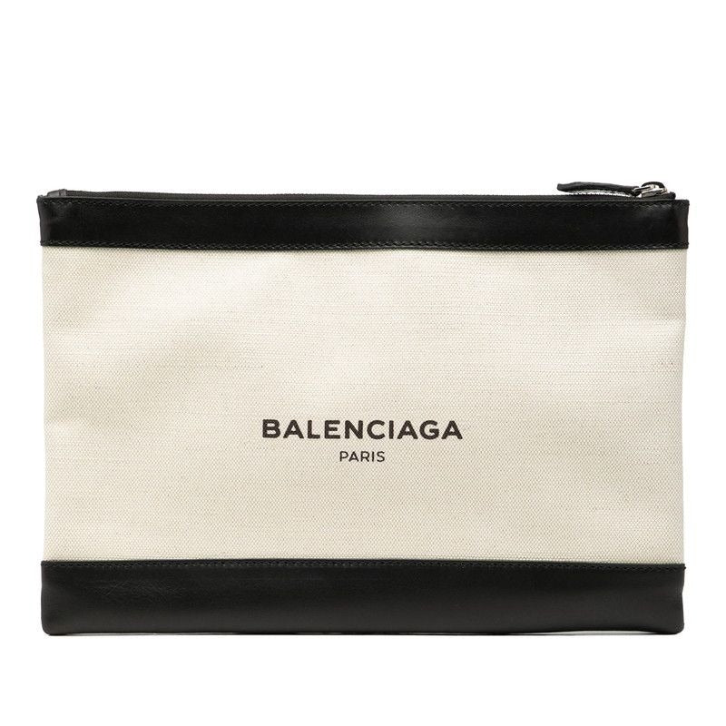 Balenciaga Navy Clip M Clutch Beige Black Canvas Leather
