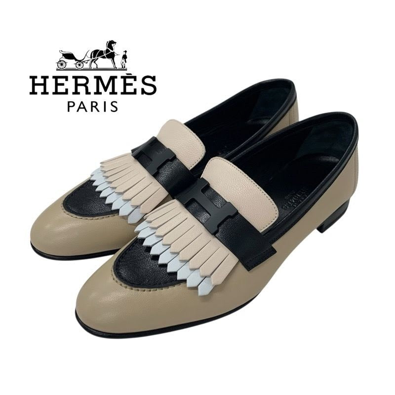 Hermes Royal Loafer Leather Shoes Beige Black White Hhardware Constance