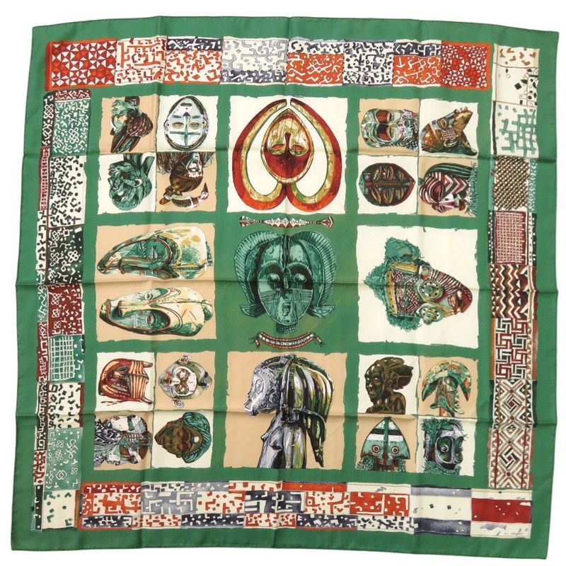 Hermes Carre 90 Persona Silk Green Orange Red Scarf 0105