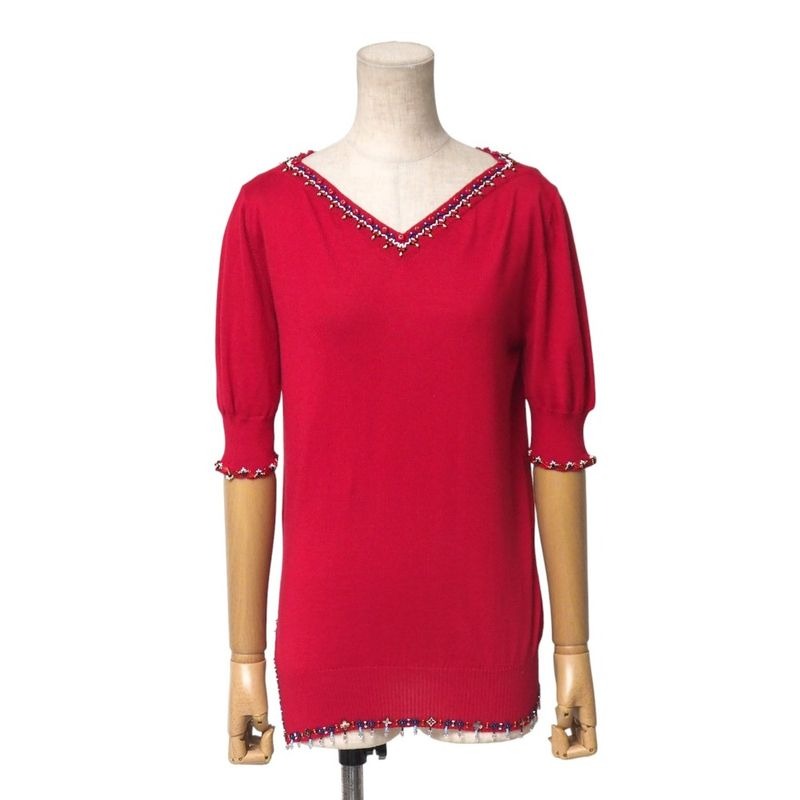 Louis Vuitton Knit Size M Cashmere Silk Short Sleeves Sweater Beaded Decoration