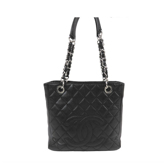Chanel Chain Tote Bag Black Silver Caviar Leather Petite Shopping PST Quilted CC