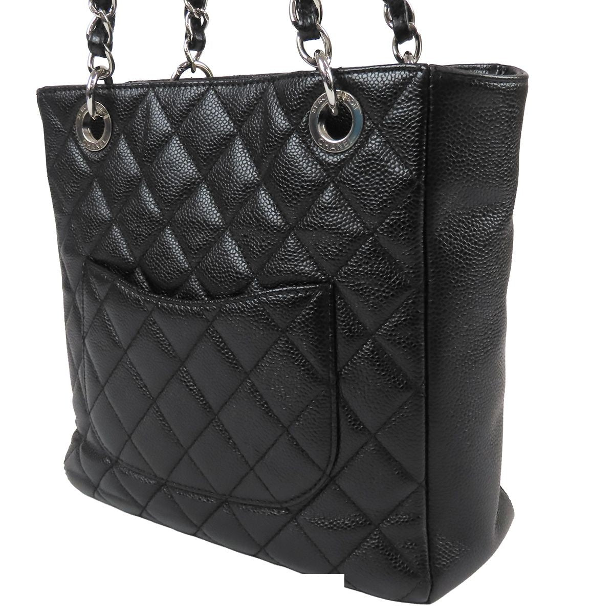 Chanel Chain Tote Bag Black Silver Caviar Leather Petite Shopping PST Quilted CC — view 2