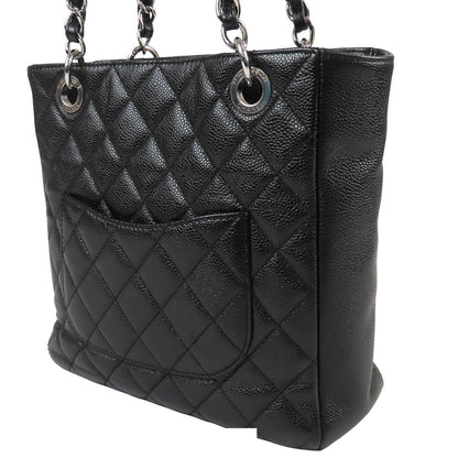 Chanel Chain Tote Bag Black Silver Caviar Leather Petite Shopping PST Quilted CC — view 2